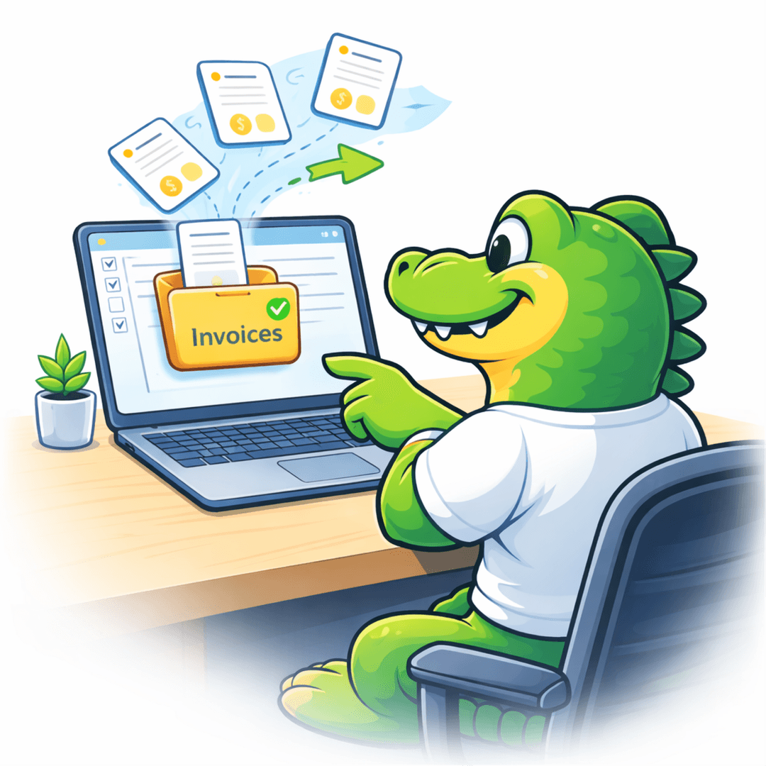 Croc mascot organising invoices on a laptop