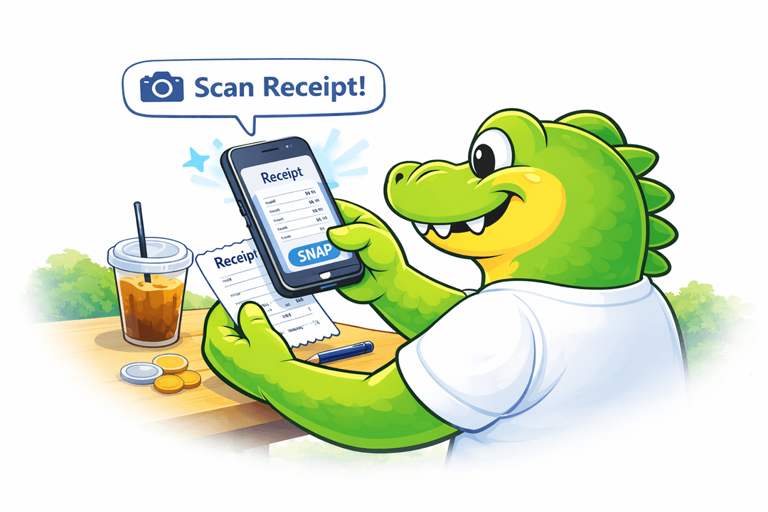 Croc mascot scanning a receipt at a cafe