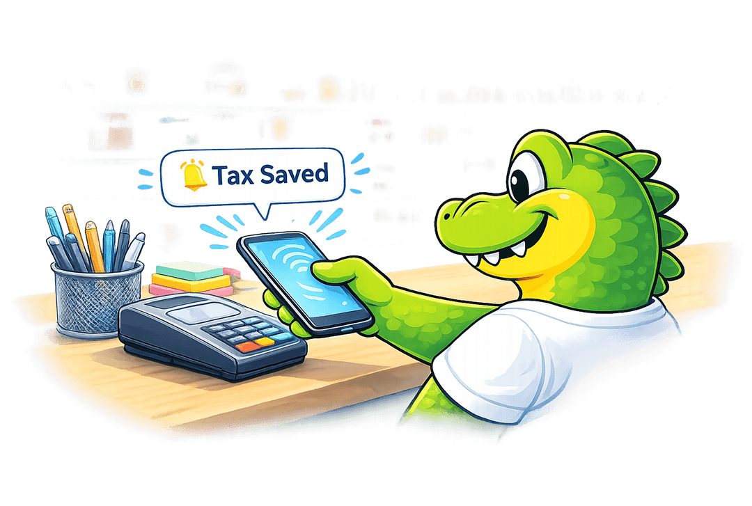Croc mascot tapping phone at EFTPOS with Tax Saved notification