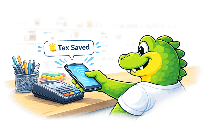 SnapMyTax croc mascot tapping phone - Tax Saved